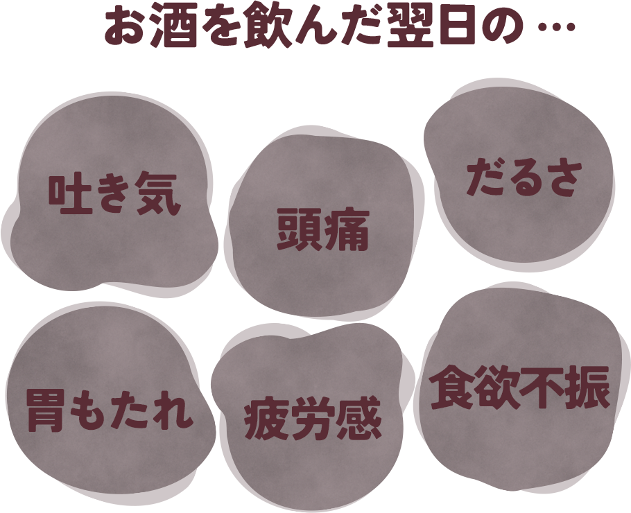 お酒を飲んだ翌日の吐き気・頭痛・だるさ・胃もたれ・疲労感・食欲不振